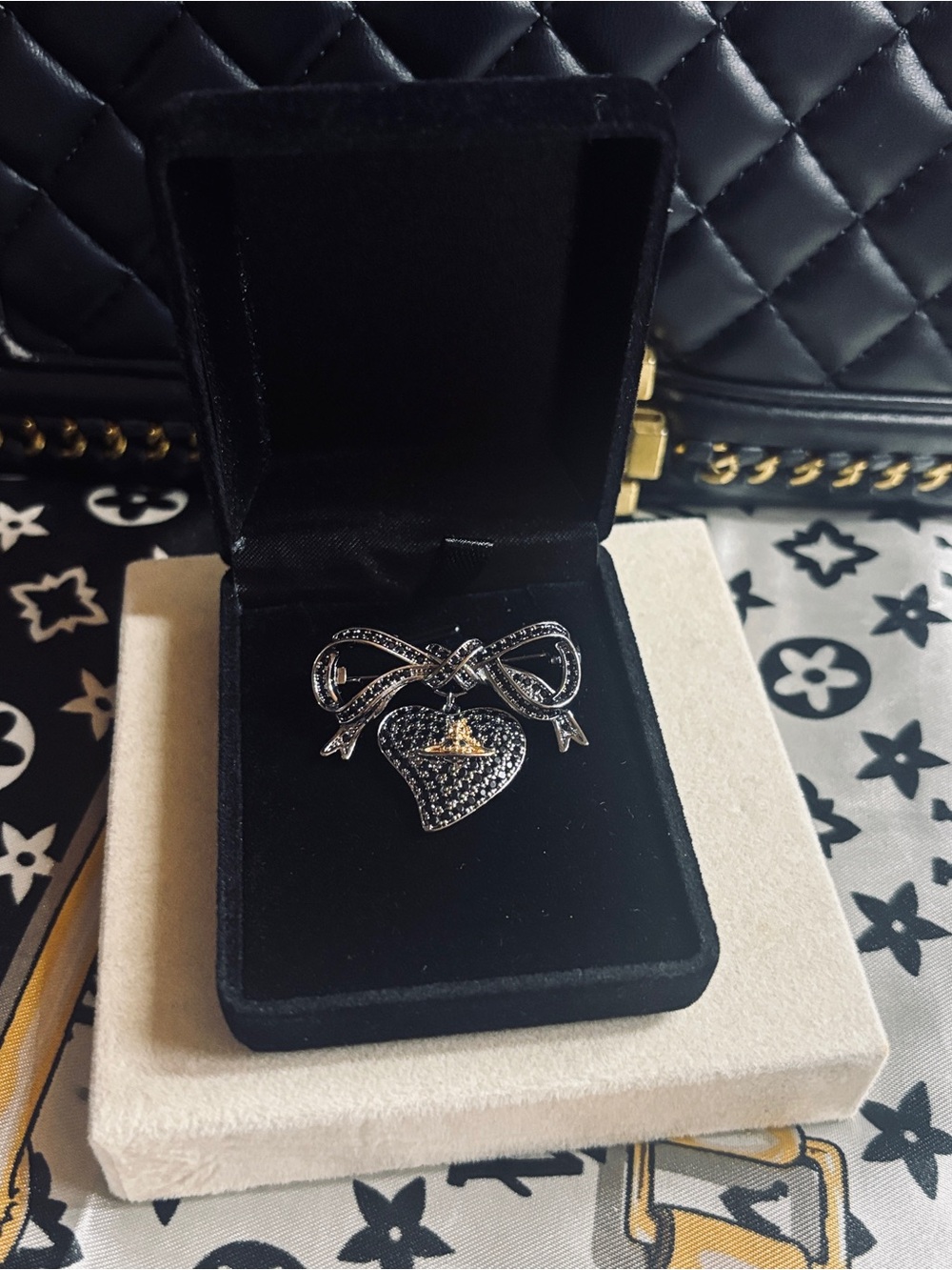 Black Crystal Heart Bow Brooch with Gold Accent - Women's Jewelry